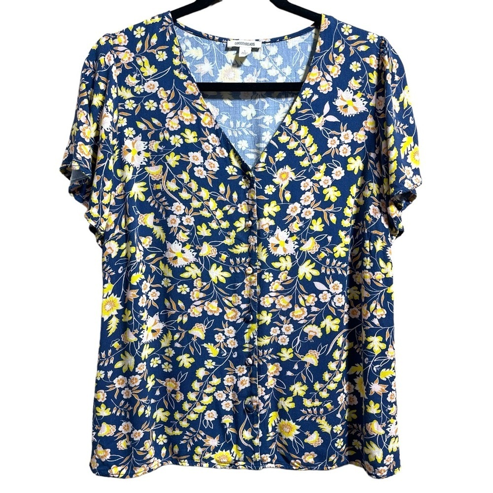 Goodthreads Women’s Floral Button Up Blouse Flutter Sleeve Size Large